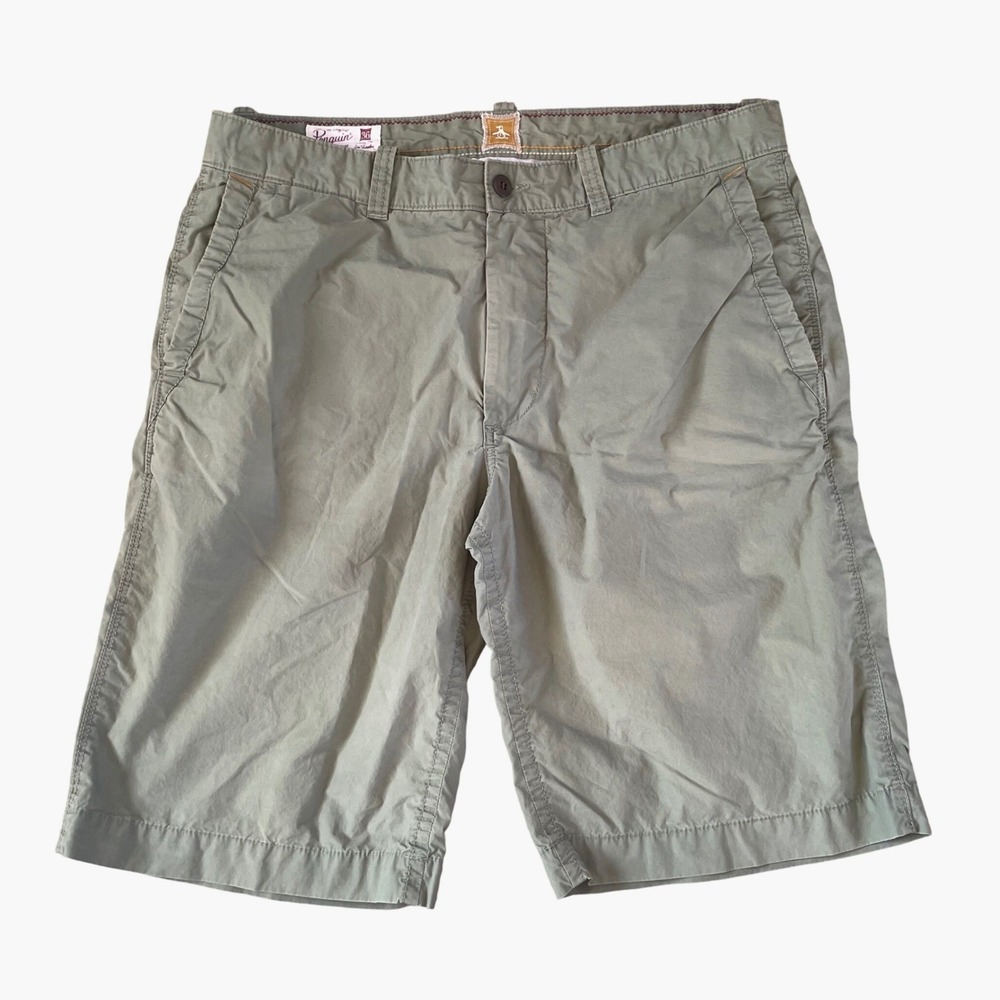 Original Penguin Men Flat Front Shorts 36 Sage Green Casual Classic Golf Bermuda